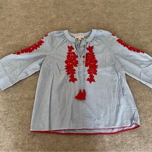 Philosophy Blue Blouse with Red Embroidery